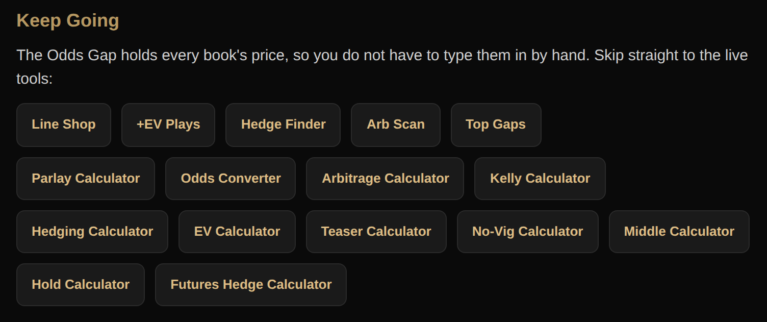 All eleven Odds Gap betting calculators listed as buttons.