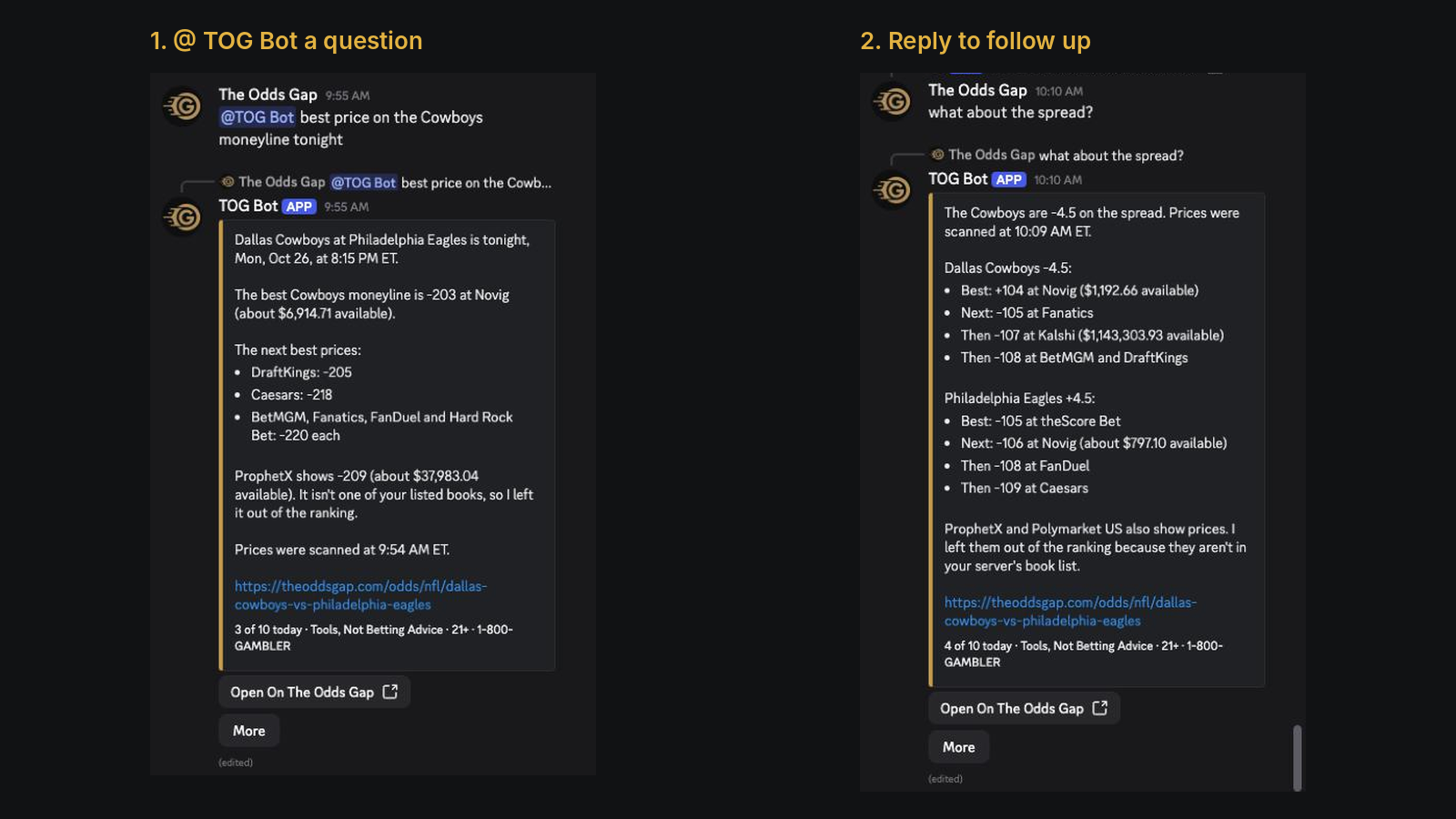Asking TOG Bot in Discord for the best Cowboys moneyline, then replying what about the spread