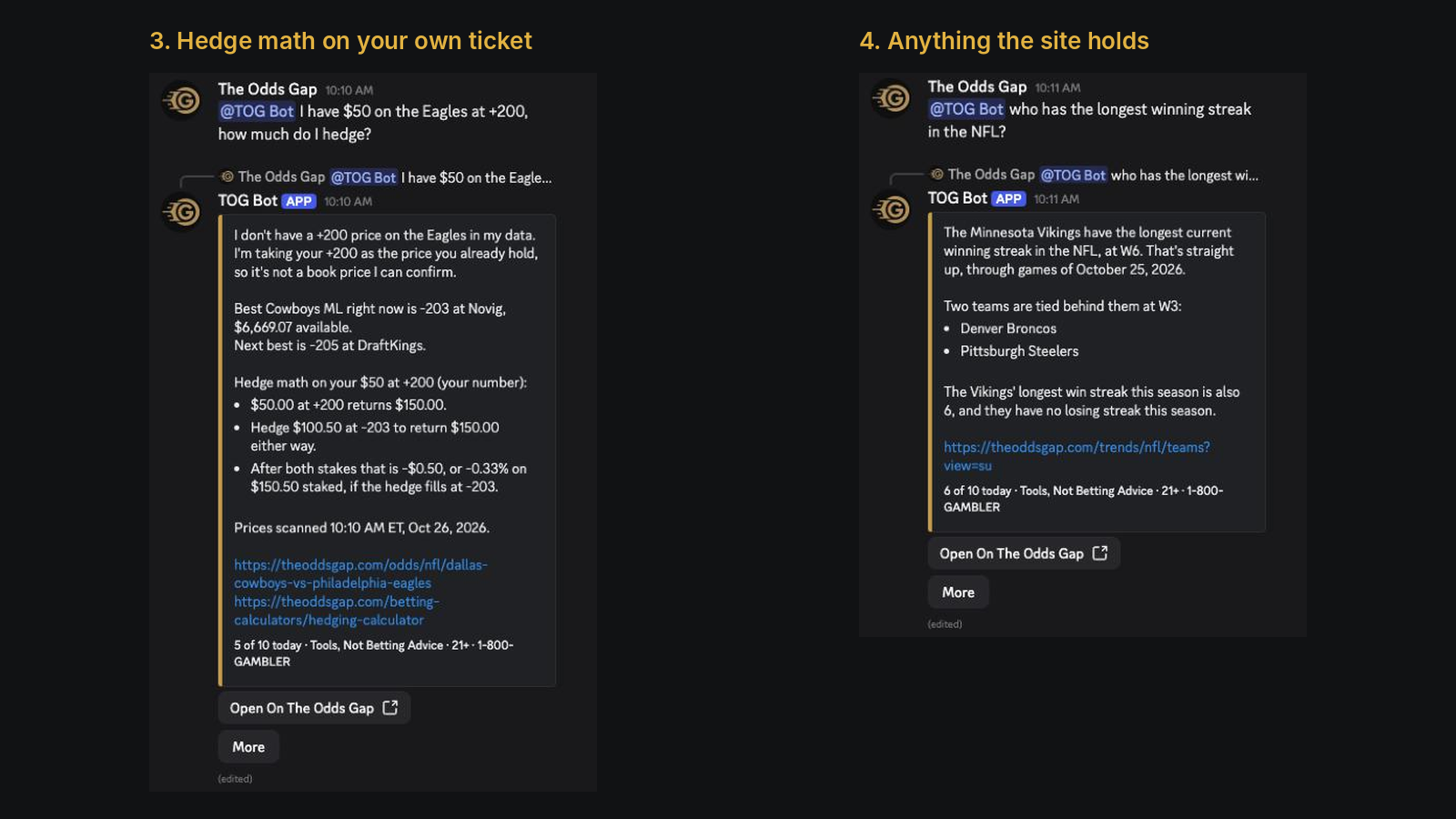 TOG Bot hedge math on a $50 Eagles ticket, and the longest NFL winning streak from Team Trends
