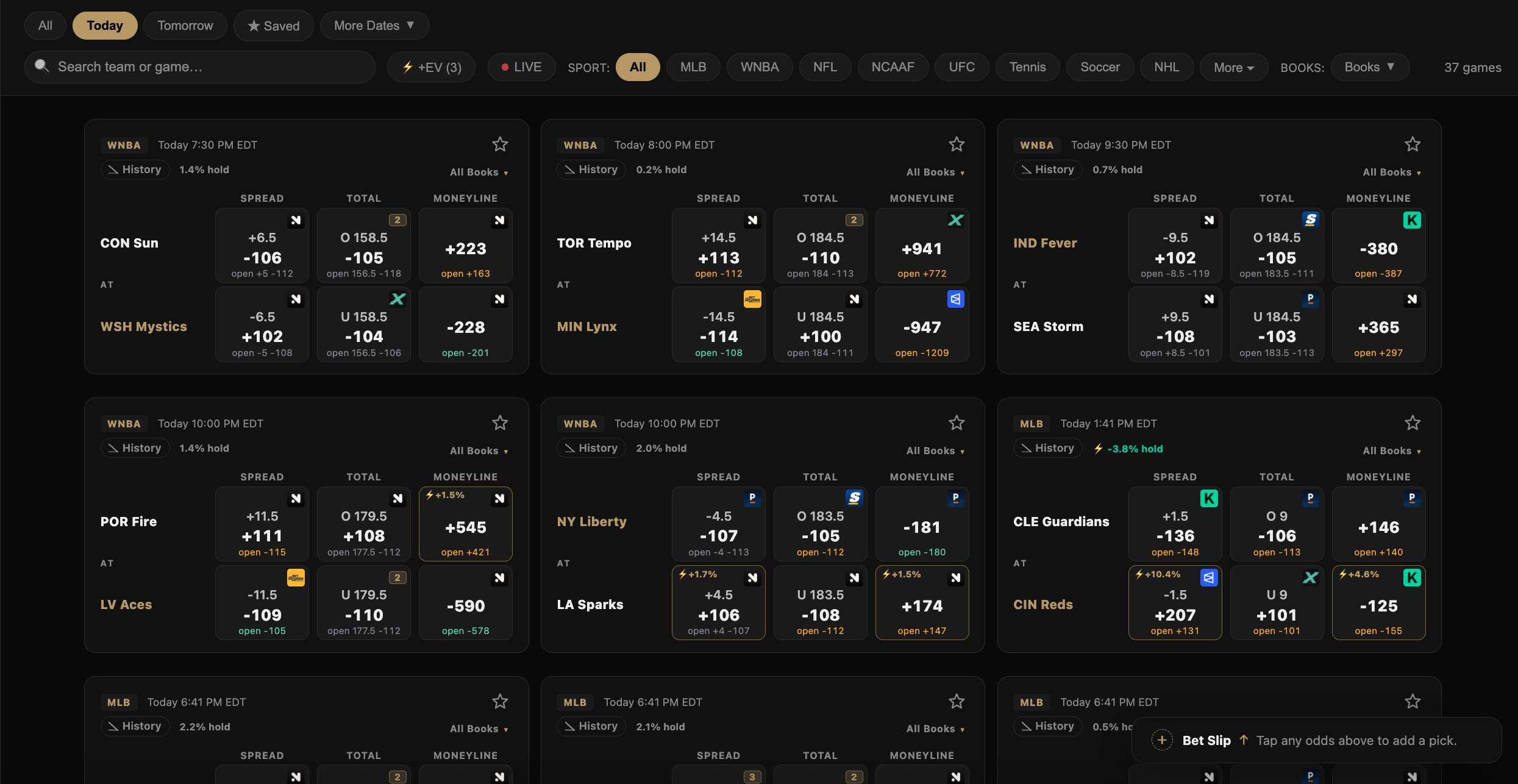 The Line Shop board on desktop, several games visible at once, each card showing spread, total and moneyline with the best price flagged on every line.