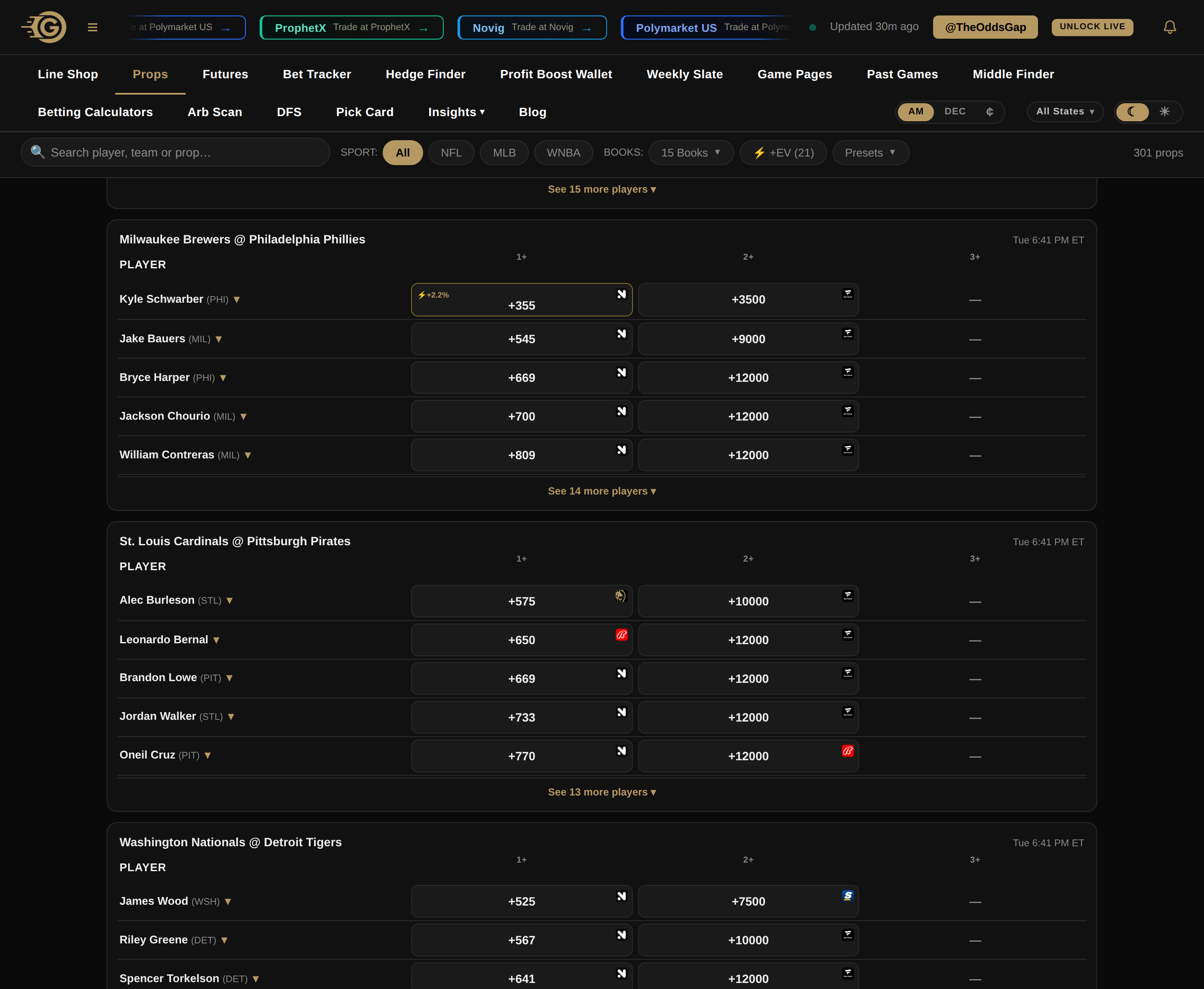 The player props grid on The Odds Gap, one row per player and one column per line, with the best available price in each cell and gold edge badges on several rows.