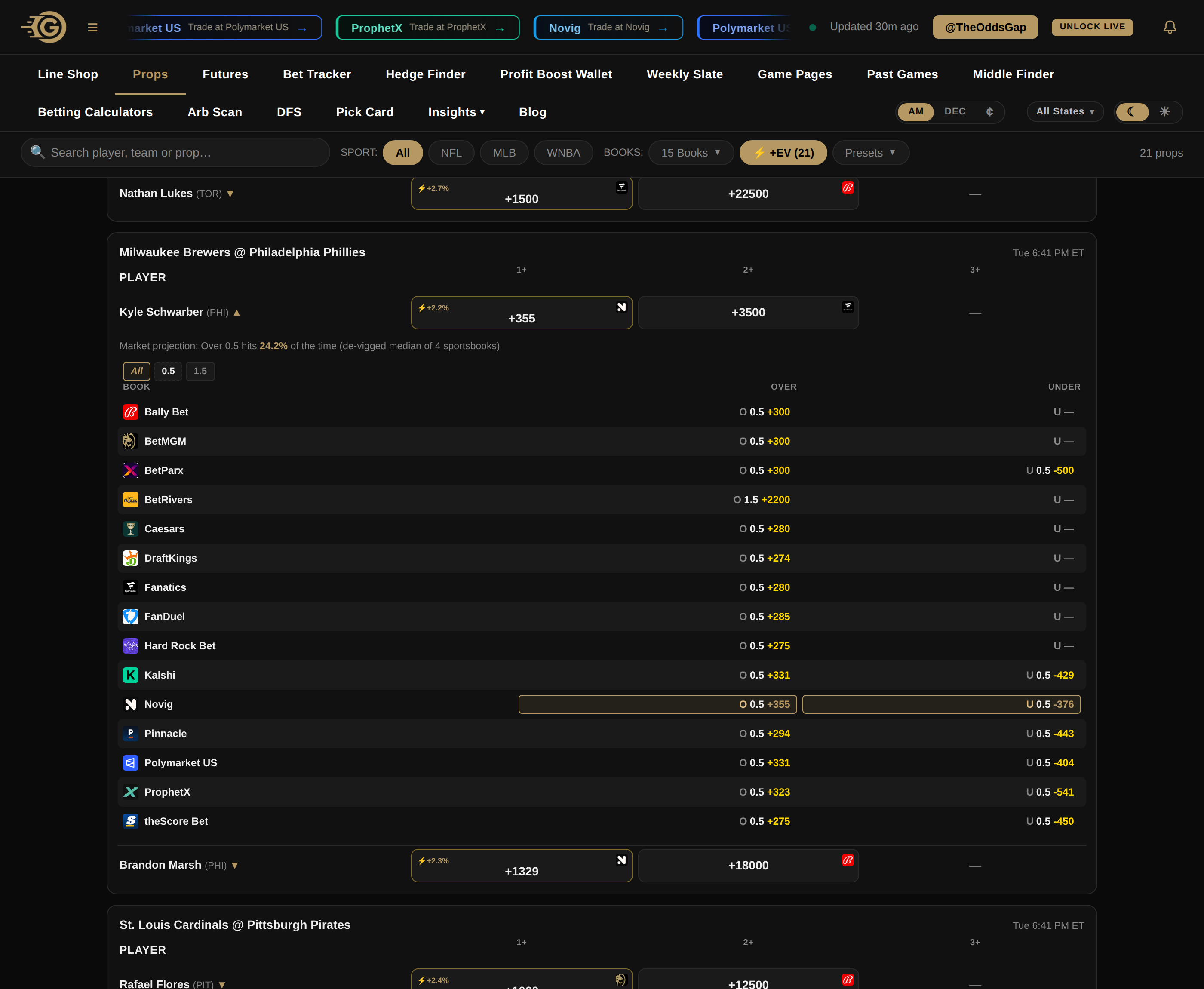 The player props board filtered to graded lines only, showing twenty one props, each row carrying a gold edge badge.