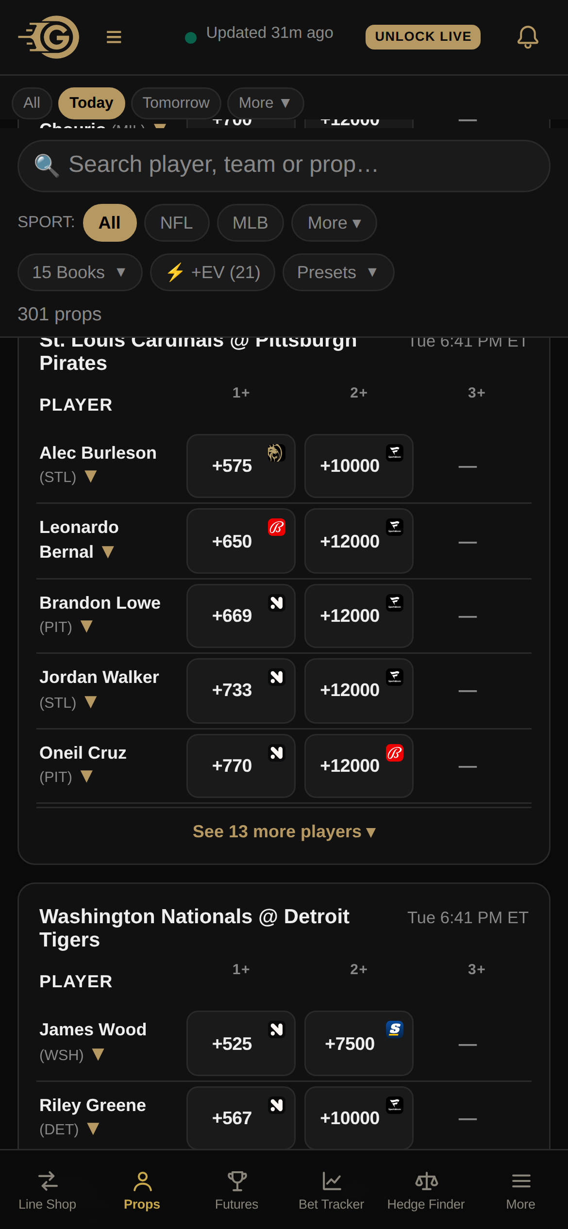 The player props board on a phone, with the same filters across the top and the game cards stacked below.