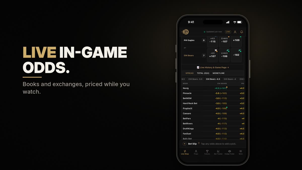 Live in-game odds for Eagles at Bears, every book's spread listed while the game is on