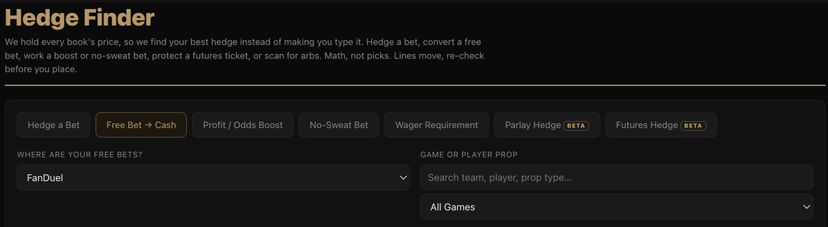 The Hedge Finder's mode tabs with Free Bet to Cash selected