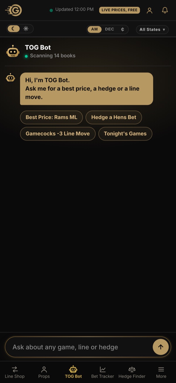 TOG Bot on a phone: the greeting and four starter questions, a best price, a hedge, a line move and tonight's games