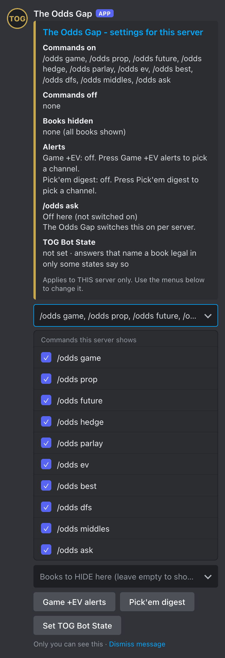 The bot's /oddsadmin panel with the list of commands the server shows