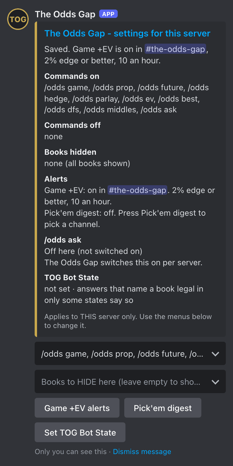The Discord bot's settings panel reading back a Game +EV alert feed on in one channel at 2% edge or better, 10 an hour